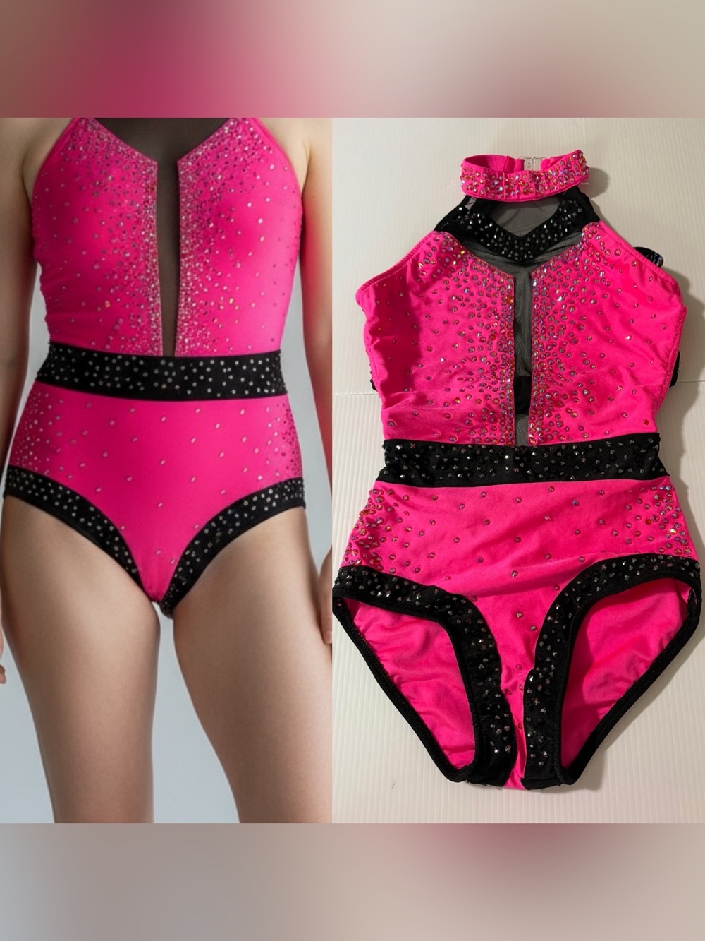 Glamour solo dance costume illusion hot pink bling stoned bedazzled XSA adult